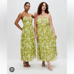 Abercrombie & Fitch green halter floral print plisse bodre maxi dress XS